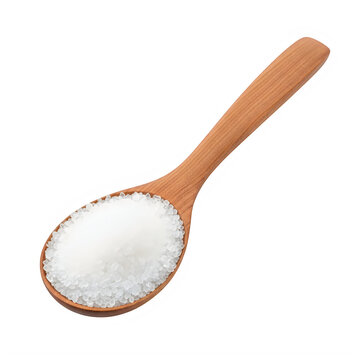 Wooden spoon full of white sugar isolated on white background