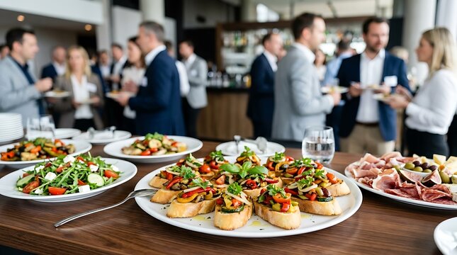 Business Catering Event with Bruschetta and Salad Appetizers for Professional Networking Banquet Website Banner Social