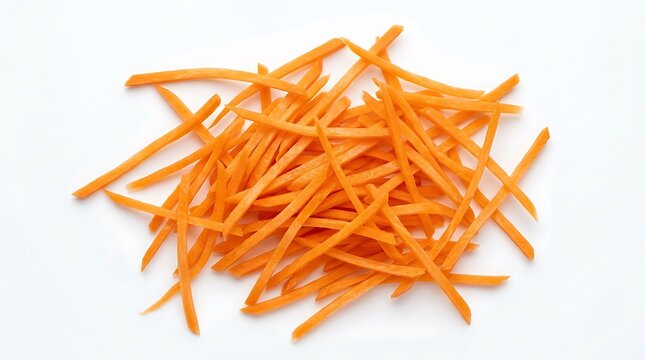Fresh julienned carrots on white background, raw shredded carrot sticks for cooking and healthy meal prep decorations.