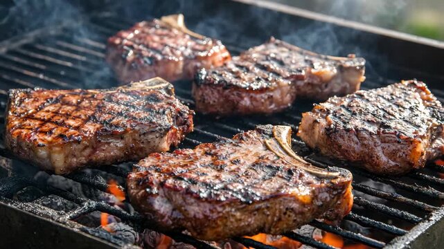 A collection of steaks cooking on a charcoal grill. Sizzling and delicious.