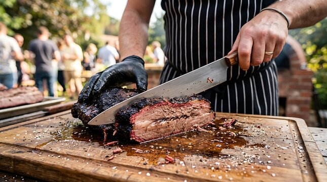 Professional Chef Slicing Juicy Smoked Beef Brisket on Wooden Board at Outdoor BBQ Party Gourmet Food Restaurant Ad