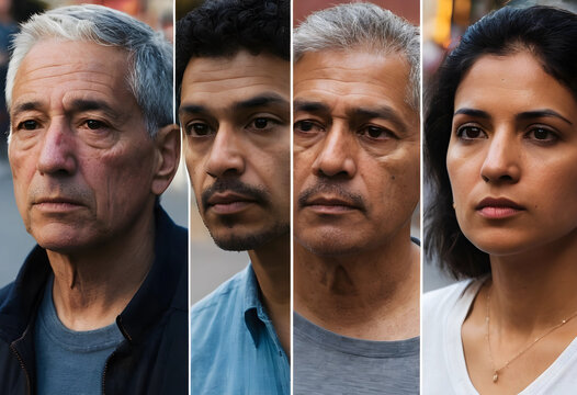 Diverse group of four adults with serious expressions different generations and ethnicities close up portrait, each person has a serious and contemplative expression