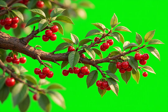 Red cherry cartoon fruit on tree branch over green screen background