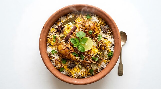 Traditional Chicken Biryani in Clay Pot with Spices and Rice Food Photography for Indian Restaurant Menu Design Banner