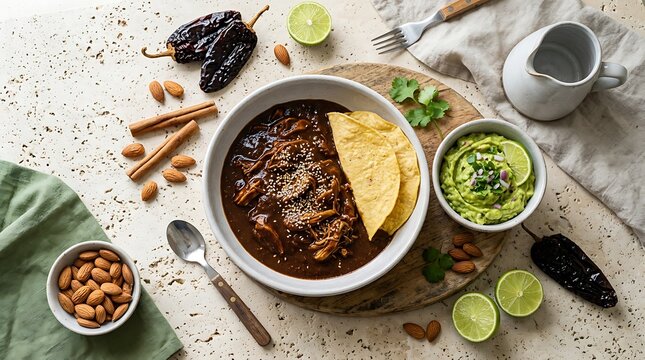 Traditional Mexican Chicken Mole Poblano Sauce with Tortillas Guacamole and Almonds Food Photography Recipe Banner Image
