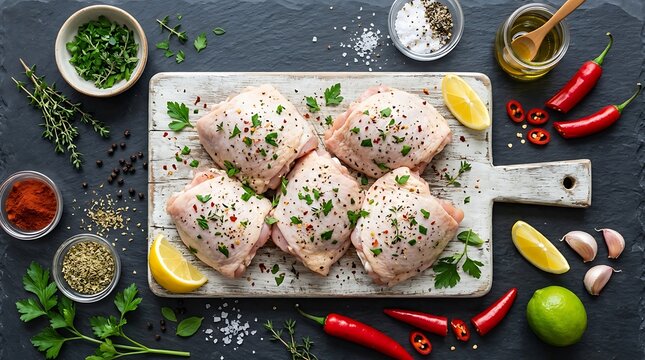 Raw Seasoned Chicken Thighs on Wooden Board Top View with Chili Spices and Herbs for Cooking Website Food Background