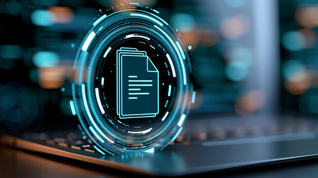 Document processing technology concept with intelligent data management interface and digital file analysis system, defocused background, with copy space