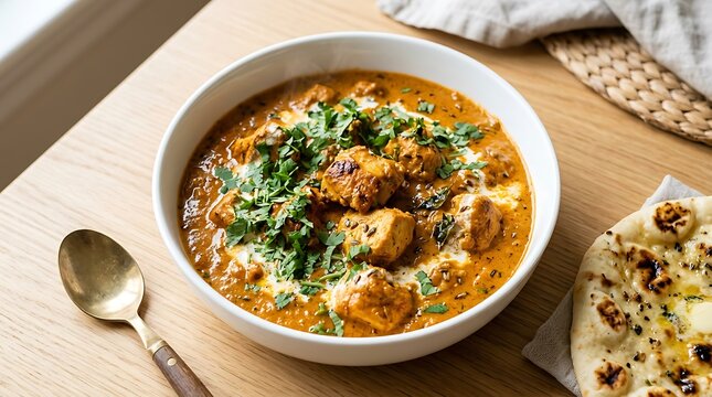 Delicious Indian Butter Chicken Curry with Naan Bread on Wooden Table Background for Restaurant Menu and Food Banner.