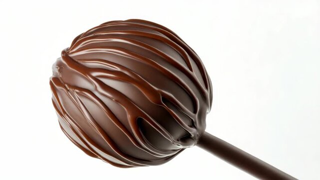 Smooth chocolate sphere on stick. Rich, glossy surface with elegant swirls. White background enhances product detail. Ideal for food, dessert, or luxury themes. Clean, high-resolution presentation