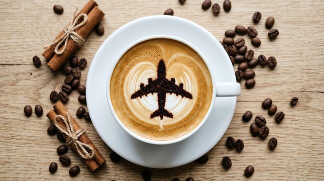 Airplane Latte Art Coffee Top View with Beans and Cinnamon on Wood Table for Travel Concept and Cafe Advertising.