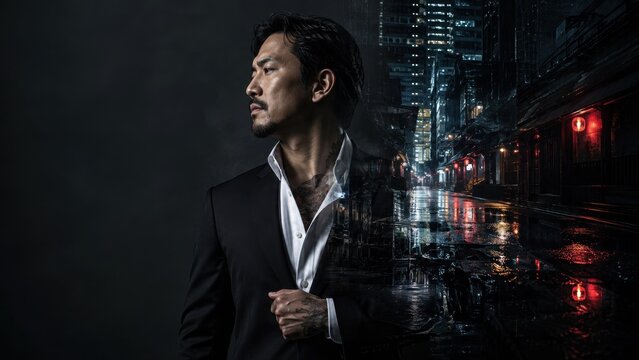 An asian man yakuza  in a suit looks away against a double exposure city night background with glowing lights.