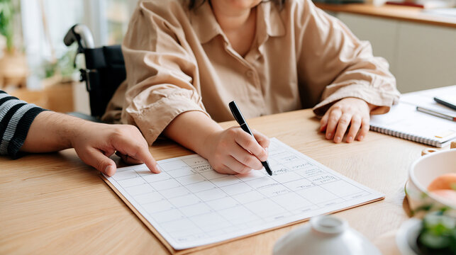 Woman in wheelchair writing appointments on a calendar while receiving assistance at home, concept of accessible planning, organization, caregiving and independent daily living