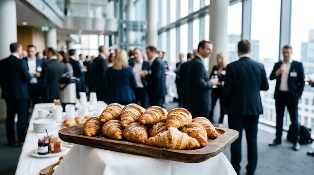 Fresh croissants on a wooden tray at a corporate breakfast networking event in a modern office building for business.