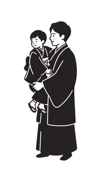 Japanese Father Holding His Young Son in Traditional Kimono for Shichi-Go-San Festival Silhouette