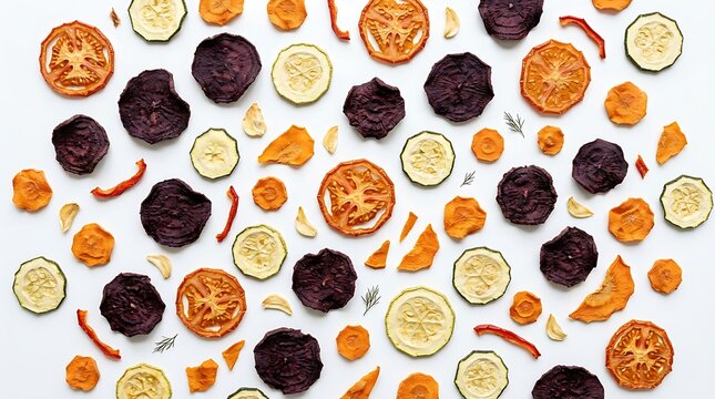 Assorted Dehydrated Vegetable Chips Flat Lay on White Surface Healthy Vegan Snack Food Pattern for Web Banner Header
