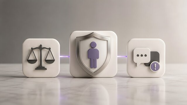 Employment law and workplace grievance system represented by connected 3d icons for justice worker protection and reporting