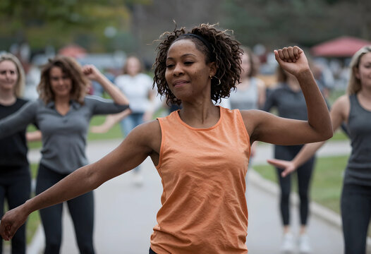 African american woman leading an outdoor fitness class with diverse participants, promoting health and wellness