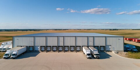 Fototapeta premium Expansive Distribution Warehouse with Multiple Loading Docks and Trucks in a Rural Landscape Under Clear Blue Sky