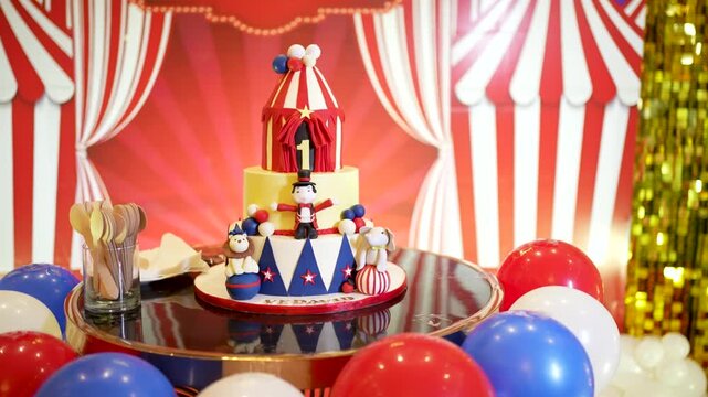 First birthday circus themed cake with fondant animals and carnival tent topper