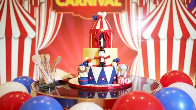 First Birthday Circus Theme Cake with Carnival Decorations for Kids Party Celebration