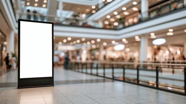 Blank digital advertising screen in a modern shopping mall atrium with blurred background