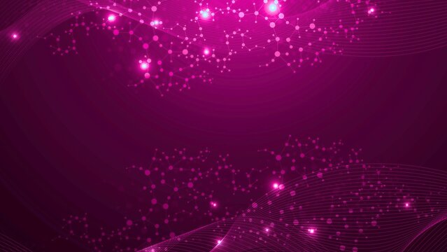 Pink molecular structure background with glowing particles for science and technology concepts