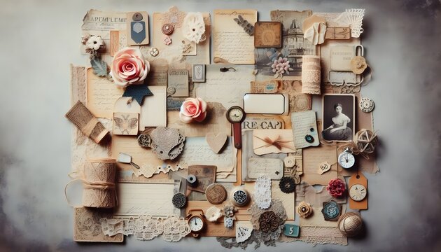 A vintage collage featuring antique ephemera dried roses old photographs and lace elements arranged artistically on a textured light grey background surface