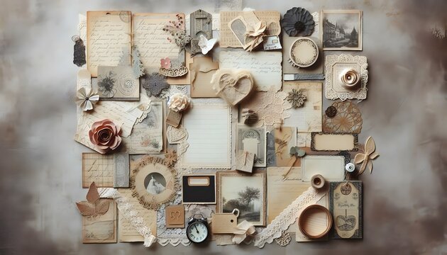 A vintage style scrapbook collage featuring antique paper textures old photographs dried flowers and various ephemera arranged on a rustic background