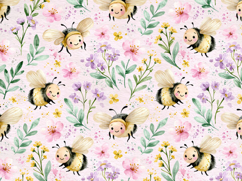 Watercolor seamless pattern with cute smiling bumble bees and pastel spring wildflowers on soft pink background.