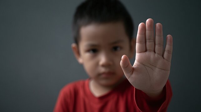 Young Asian boy in red shirt makes a stop gesture with his hand, showing a serious and firm expression against a dark background, symbolizing refusal or boundaries