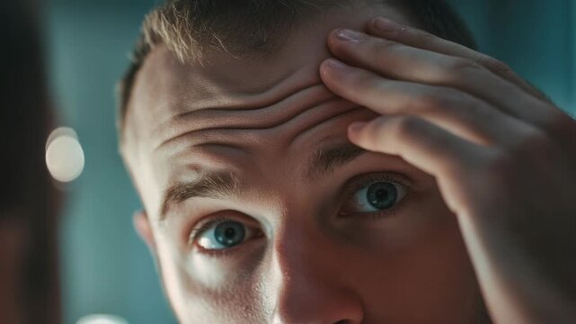 A close-up of a man's face with striking blue eyes, expressing an emotion that could be interpreted as surprise or confusion. He is touching his forehead and squinting slightly.