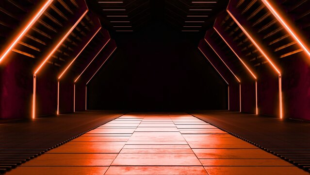 Orange futuristic corridor background with glowing lights for sci fi and industrial themes