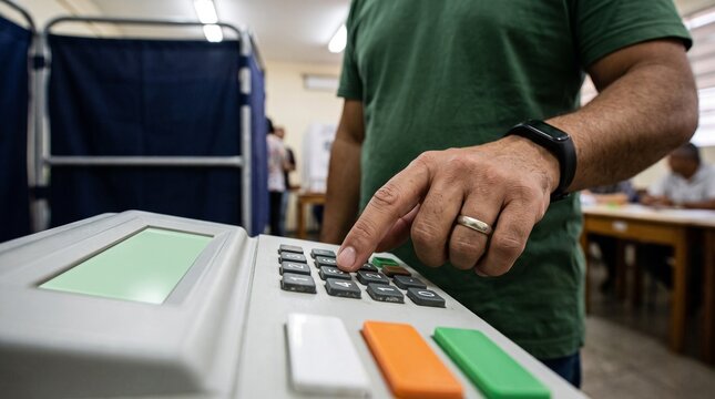 Voter casting ballot on electronic voting machine at polling station during election day.