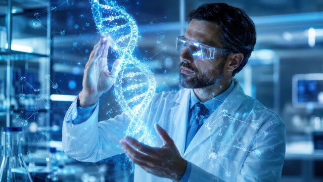 A male scientist examines a glowing dna hologram inside a modern laboratory using advanced technology.
