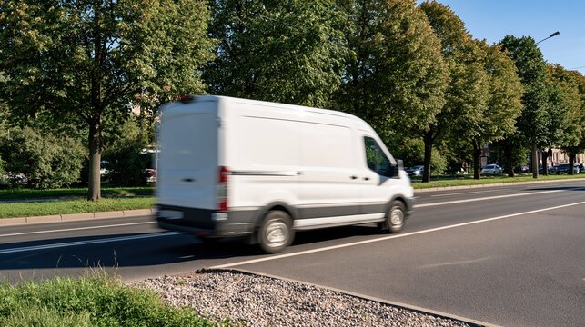 White Cargo Van in Motion on a Sunny Day Along a Tree-Lined Suburban Road