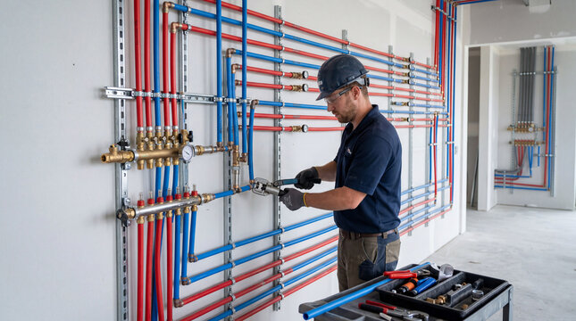Professional plumber installing PEX water piping system in a modern residential construction site