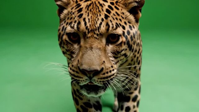 A majestic spotted leopard walks forward on a green background