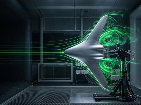 Aerodynamic aircraft model tested in wind tunnel with green laser airflow visualization showing vortex patterns