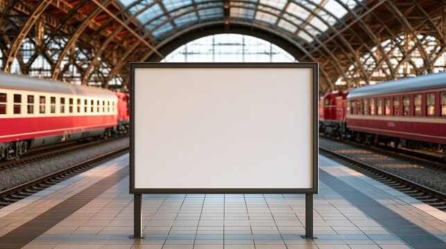 Blank Advertising Billboard on Train Station Platform Between Tracks with Vintage Passenger Trains