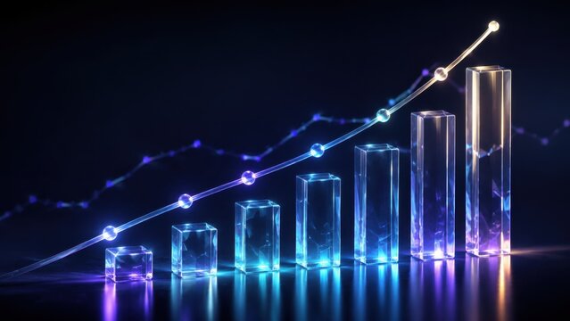 Glass growth chart bars glowing with financial analytics and data visualization technology in a dark setting.