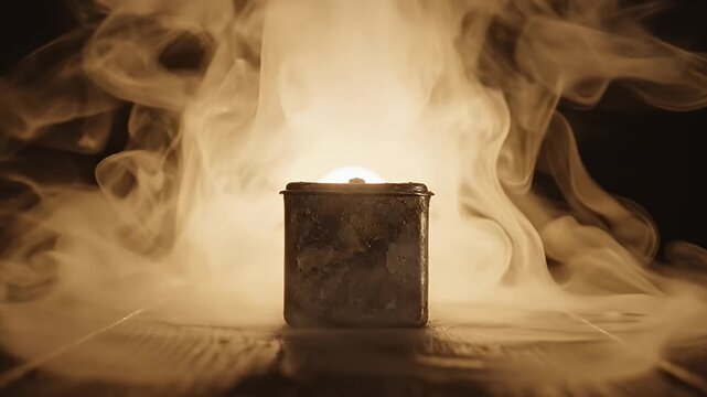 Thick vapor rising from cube on wooden surface.