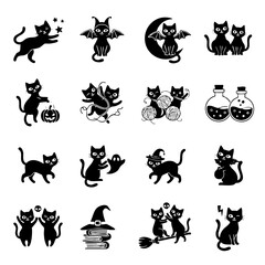 Fototapeta premium Set of cute black cat icons for halloween celebration and spooky holiday design elements