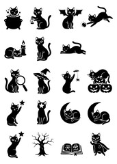 Fototapeta premium Set of cute black cat silhouettes for halloween design with various poses and magic elements