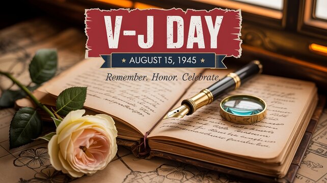 V-J Day commemorative artwork featuring journal, fountain pen, rose, remembrance.