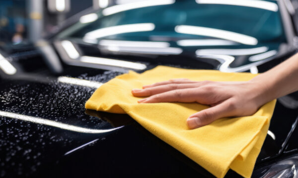 A close-up of a hand cleaning a sleek black car with a yellow microfiber cloth.