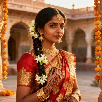 Young indian woman wearing a red sari with gold jewelry and intricate henna designs during celebration.