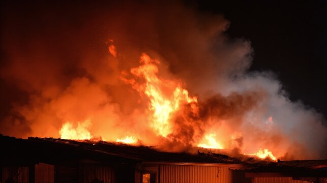 Intense night fire engulfs a building roof, spewing bright orange flames and thick, dark smoke into the night sky, creating a dramatic and destructive scene