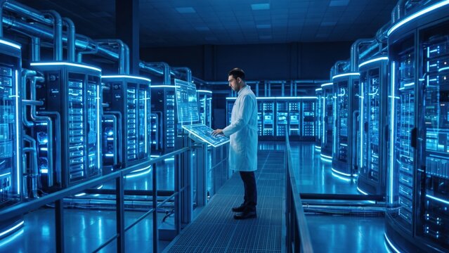 A male scientist working inside a server room in a high tech laboratory facility with glowing blue technology.