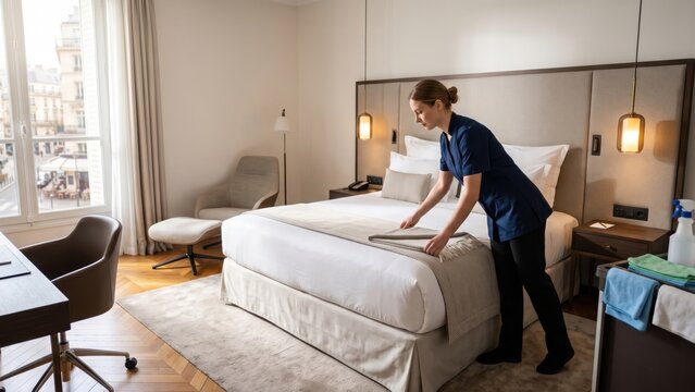Maid making hotel bed in a modern bedroom with white linens and wooden floor.