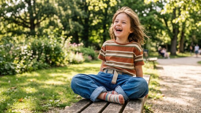A happy child sitting on a wooden park bench laughing outdoors in sunshine.